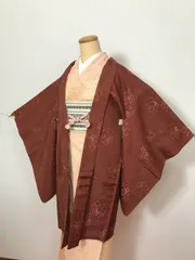 【中古】 Sサイズ 羽織 正絹 赤茶地に花文様 アンティーク 長羽織 
