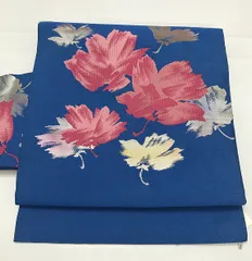 【中古】名古屋帯 交織 青地に花文様 九寸 お太鼓柄