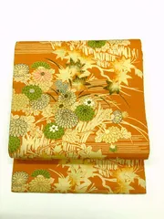 【中古】アンティーク昼夜帯 正絹 橙色地に秋花模様 お太鼓柄 リバーシブル 昼夜帯