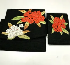 【中古】作り帯 化繊 黒地に枝花文様