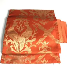 【中古】名古屋帯 正絹 橙色地に向い鳳凰文様 アンティーク