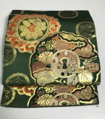 【中古】名古屋帯 正絹 アンティーク グリーン地に鏡裏文様 九寸 六通柄