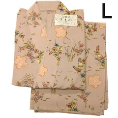 新品 化繊 小紋 二部式着物 ベージュピンク地に花 裄68cm Lサイズ 洗える着物