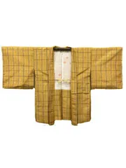 【中古】裄64.5 羽織 正絹 黄色地に格子模様 S〜Mサイズ