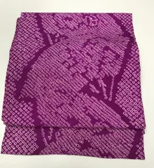 【中古】名古屋帯 正絹 アンティーク 紫地に扇模様 絞り染め 全通柄 九寸