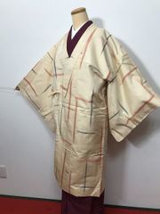 ユ11着物 小紋単衣 小千谷 麻 幾何学 正絹 手縫い仕立て - メルカリ