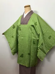 【中古】Mサイズ コート 正絹 グリーン地に格子模様 道行