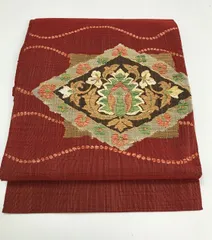 【中古】 名古屋帯 絹混紡 赤地に花菱文様 八寸 お太鼓柄 最強配送1.12b