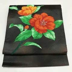【中古】 名古屋帯 絹交織 黒地に枝花文様 九寸 お太鼓柄 最強配送