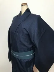 【中古】 2Lサイズ 男物 ウール 単衣着物 濃紺地に蚊絣文様 