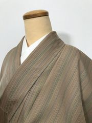 夏着物 単衣 絽 小紋 縞模様 縦縞 ベージュ×赤茶 身丈156.2㎝