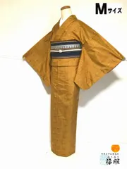 3300円 【中古】紬 正絹 芥子色地に格子文様 袷着物 裄63.5 Mサイズ リサイクル レディース 袷 着物 中古着物 シーズン冬