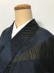 アンティーク 青紫色に白や金色の糸がキラキラ モダンな お召し単衣 