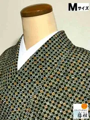 【中古】小紋 化繊 鶯茶地に格子模様 裄64.5 Mサイズ