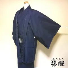 特選 【中古】未使用品 紬アンサンブル 男物 正絹 フシ感のある濃紺 着物羽織セット 裄70 M〜Lサイズ リサイクル 身幅広め