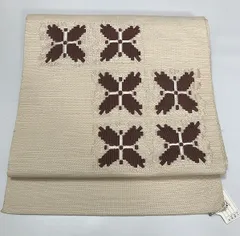 【中古】 名古屋帯 正絹 アイボリー地に幾何学文様 八寸 お太鼓柄 