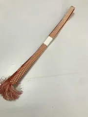 【中古】帯締め 正絹 白/オレンジ縞文様