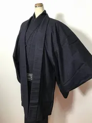 【中古】Lサイズ 男物 紬 正絹 濃紺無地アンサンブル 長襦袢セット