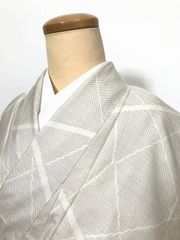 裄65.5 単衣 洗える着物 小紋 グレー 麻の葉切子 菱 三松 しゃら