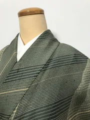 【中古】Mサイズ 小紋 化繊 グリーン地にチェック模様 洗える着物 袷着物シーズン冬