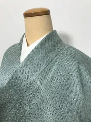 【中古】 Mサイズ 単衣着物 化繊 小紋 グリーン地に鹿の子模様 洗える着物 