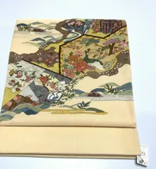 【中古】正絹 袋帯 クリーム地に寄せ柄文様