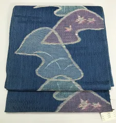 【中古】名古屋帯 混紡 夏帯 濃紺地に草花文様 お太鼓柄 八寸