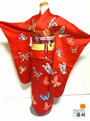 【中古】七五三 正絹 7〜11歳女児用 祝い着 着物 長襦袢セット 朱色地に蝶模様
