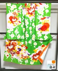 【中古】七五三 化繊 7歳女児用 祝い着 着物 長襦袢セット グリーン地に菊花模様