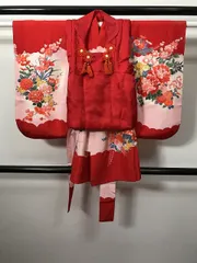 【中古】七五三 正絹 3歳女児用 祝い着 着物 長襦袢 お被布 3点セット 赤地に花模様