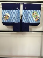 【中古】 七五三 正絹 5歳男児用 羽織 祝い着 濃紺緑地に雪輪模様 五つ紋付き 羽織紐付き 