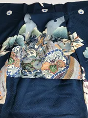【中古】七五三 正絹 濃紺緑地に兜模様 男児祝い着