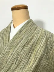 【中古】 Sサイズ 単衣着物 絹交織 紬 薄グリーン地に霞文様 