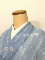 【中古】Sサイズ 化繊 小紋 水色地に小花模様 夏着物