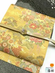 【中古】袋帯 正絹 ゴールド地に草花文様 六通柄 リサイクル フォーマル