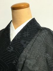 小紋 身丈169 裄69 格子文様 花織調 水玉 チェック 黒地 着物 063b 