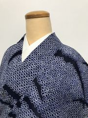 浴衣 白色 紺色 菊 レトロ アンティーク 花柄 絞り リップル 注染