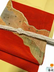 【中古】名古屋帯 正絹 赤茶地に道長取り お太鼓柄 八寸名古屋帯 夏帯