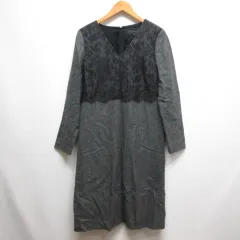 モガ MOGA レース切替え ウール 長袖 ツイード ワンピース 3 チャコールグレー Vネック シルク混 裏地付き