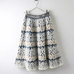 イタリア製 2019年秋冬 シャネル CHANEL ウエスト ロゴ×ココマーク ノルディック柄 ニットフレアスカート 34 ホワイト-.【2400014207743】