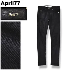 エイプリルセブンティセブン April77 スキニー ストレッチ 細畝 コーデュロイ パンツ ジップアップ ロゴパッチ 5ポケット 28 ブラック ストリート モード ロック カジュアル メンズ