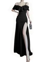 [ALL DAY Shining] ロングドレス オフショルダー フリル スリット タイト パーティー 肩出し フォーマル ワンピース ナイトドレス レディース (JP, アルファベット, L, ブラック) [ブラック] [L]