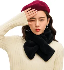 infage スヌード マフラー 防寒 ネック ウォーマー ふわふわ ティペット かわいい 暖かい おしゃれ 無地 レディース オシャレ お洒落 カワイイ 流行 定番 ファッション 人気 ニット フェイク ファー ストール モコモコ (ブラック)