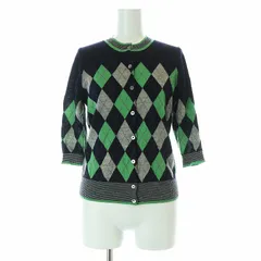 オールドイングランド OLD ENGLAND アーガイル柄ニットカーディガン 七分袖 クルーネック ウール 36 S 紺 ネイビー 緑 グリーン /AT ■OS