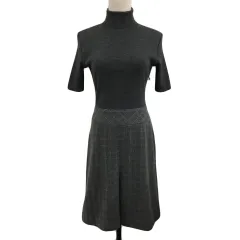 アリスバーリー Aylesbury ワンピース ニット ボックスプリーツ 膝丈 タートルネック リブ 切替 チェック ウール 半袖 M グレー