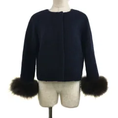 アプワイザーリッシェ Apuweiser-riche ジャケット ノーカラー 無地 比翼仕立て ファー モヘヤ混 長袖 2 紺 ネイビー