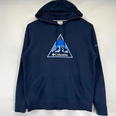 古着 コロンビア Columbia パーカー プルオーバー ビッグロゴプリントデザイン アウトドア フーディ トレーナー L  ネイビー メンズ