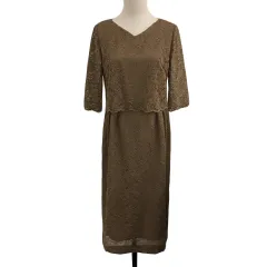 エメアンシェ aimer anche ワンピース Iライン ロング 総レース ウエストゴム 七分袖 M 茶 ベージュ ブラウン