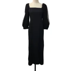 ワンアフター アナザー ナイスクラップ one after another NICE CLAUP ワンピース Iライン ロング スクエアネック チュール 無地 七分袖 L 黒 ブラック