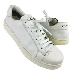 PRADA★プラダ・メンズ レザー切替し エンボス加工ブランドロゴ ローカット スニーカー (8/27㎝相当) イタリア製 ブランド メンズスニーカー カジュアルシューズ 靴 冬物 ホワイト